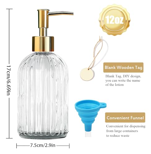 14Oz Gold Pump Glass Soap Dispenser, Clear Stripe Countertop Refillable Liquid Bottle Hand Dish Lotion Dispenser with Plastic Pump, for Kitchen, Bathroom - color: Clear