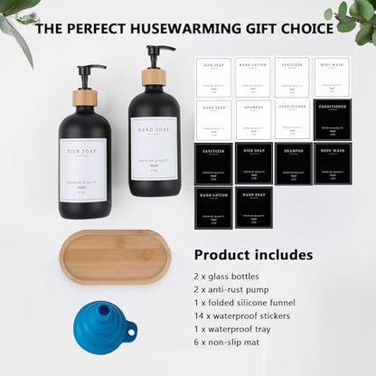 Black Glass Soap Dispenser - Hand Dish Soap Dispenser Set for Kitchen with Sturdy Pump and Tray, 14 Waterproof Labels, Bathroom Refillable Soap Lotion Dispenser-Black - color: Black Bottle + 14 Labels + Funnel + Tray