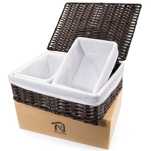 Baskets for Organizing, Undershelf Wicker Storage, Hand Woven Organizer for Closet Organization, Rectangular Resin with Lid, Set of 3, Walnut Brown - color: Walnut Brown