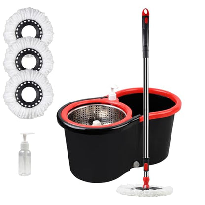 Spin Mop and Bucket with Wringer Set, 360° Spinning Mop Bucket System with 3 Microfiber Mop Replacement Heads, Adjustable Handle for Floor Cleaning (Black) - color: Black