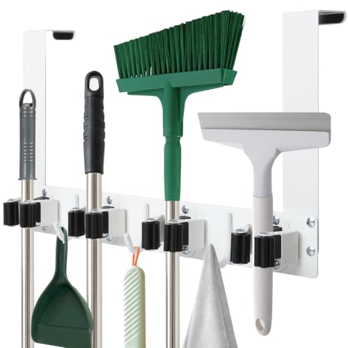 Over The Door Broom and Mop Holder, Heavy Duty Stainless Steel Organizer with 4 Slots and 3 Hooks, No Drilling Space Saving Tool Hanger for Kitchen, Laundry Room, Closet, and Garage - White - color: White