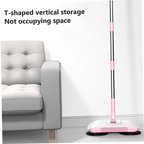 Hand Push Sweeper, 3 in 1 Hand Sweeping Mop with Vacuum Cleaner & Crumb Sweeper, Floor Cleaning Tools for Cleaning Floor Rugs Hair, Fruit Shell, Dust (Pink)