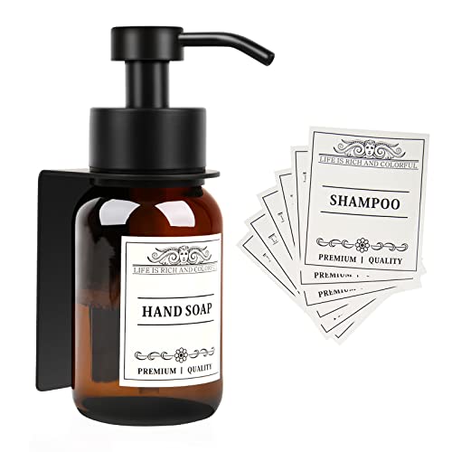 Glass Soap Dispenser with Pump and Wall Mount Holder,8.5 Oz Shampoo and Conditioner Dispenser with Waterproof Labels(Brown) | 2 mounting options: screws and no-drill glue included; leakproof pump with waterproof conditioner labels. - color: Amber Set of 1