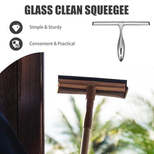 FOMIYES Stainless Steel Squeegee for Car Windows and Shower Doors, Detachable Rubber Blade with Handle and 4pcs Adhesive Hooks, Glass and Mirror Cleaning Tool for Home and Auto