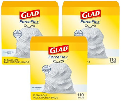 Glad ForceFlex Tall Kitchen Drawstring Trash Bags,13 Gal,Fragrance Free,110 Ct (Package May Vary),(Pack of 3) - size: 110 Count (Pack of 3)