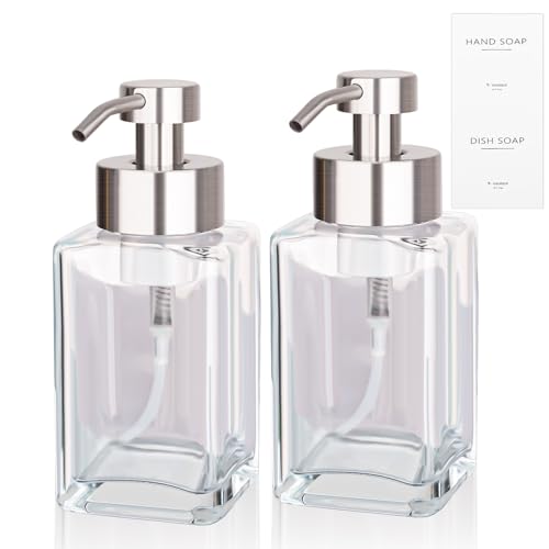 Foaming Soap Dispenser with Stainless Steel Pump, 12oz Refillable Glass Liquid Dish Soap Bottles for Bathroom, Kitchen Sink, Home Decor, 2 Pack - color: A-clear, size: 2 Pack