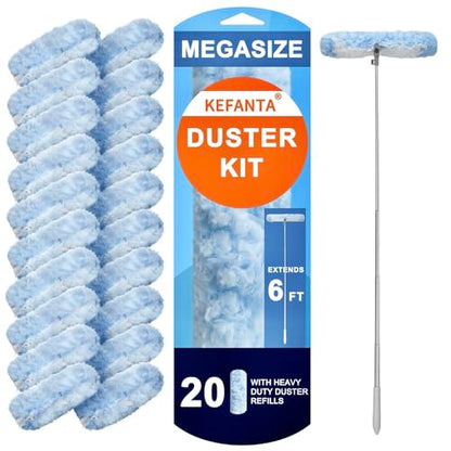 KeFanta Duster Refill Kit with 6 ft Super Extendable Handle Compatible with Swiffer, 360° Disposable Microfiber Dusting Pads for Home Cleaning, Ceiling, Fan, Window, Hard-to-Reach Areas, 20Pcs - size: 20 Count+ 6FT Extended Handle