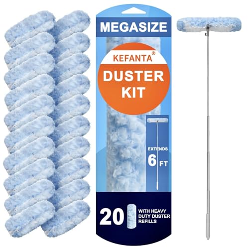 KeFanta Duster Refill Kit with 6 ft Super Extendable Handle Compatible with Swiffer, 360° Disposable Microfiber Dusting Pads for Home Cleaning, Ceiling, Fan, Window, Hard-to-Reach Areas, 20Pcs - size: 20 Count+ 6FT Extended Handle