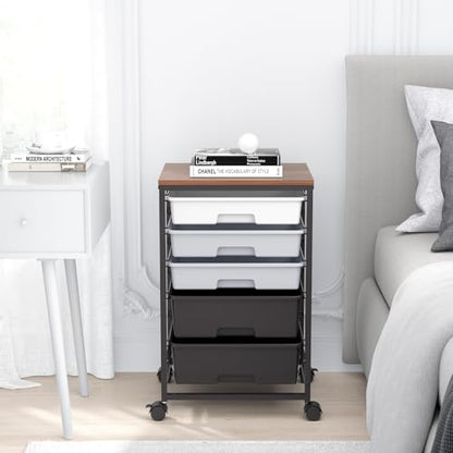 SYKIARIOL Utility Cart with 5 Drawers,Storage Drawer Cart with Wooden Tabletop and Lockable Wheels,Craft Storage Trolley Cart,5-Tier Rolling Utility Cart on Wheels,Dark Grey - color: Dark Grey