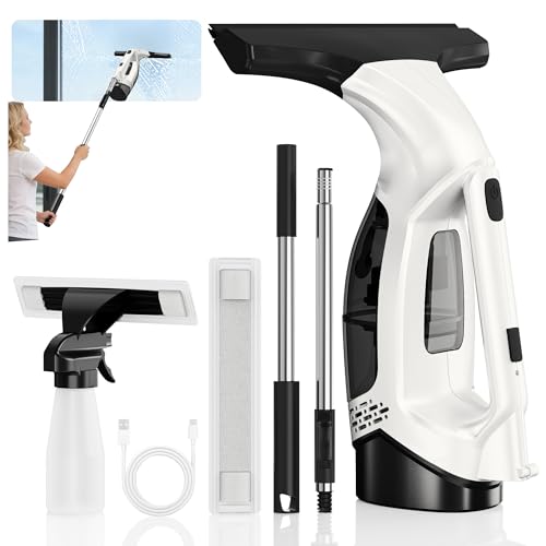 Window Vacuum Squeegee with Extendable Pole 31-40", 2000Pa Electric Window Cleaning Tool with 2200mAh and 150ml Dirty Water Tank, Long Handle Squeegee for Shower Glass, Window Cleaning