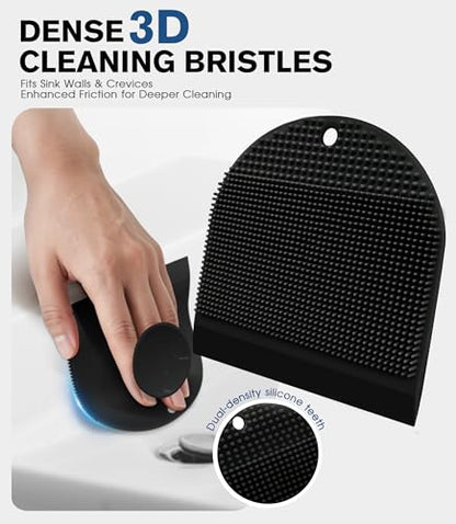 2 Pack Silicone Sink Cleaning Brush with Squeegee, Flexible Non-Scratch Dish Scrubber for Kitchen and Bathroom Sink, Countertop & Dishwashing, Suction Cup Hanging Design (Black) - color: Black