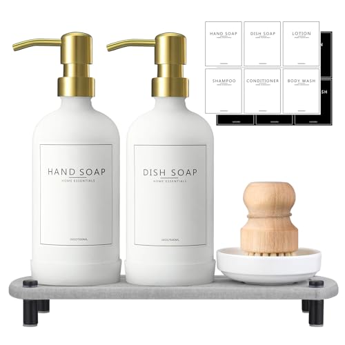 Kitchen Soap Dispenser Set with Instant Dry Tray,16 Oz Hand and Dish Soap White Glass Dispenser Set,Stainless Steel Pump,Waterproof Labels&Dish Brush,Luxury Soap Bottle for Kitchen,Bathroom - color: White Bottle+ Gold Pump