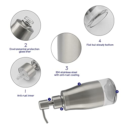 Gaussra Kitchen Soap Dispenser Set with Silicone Tray and Stickers - Brushed Nickel, Stainless Steel Glass Soap Dispenser Bathroom, Refillable Hand Dish Dispenser for Kitchen Sink - color: Brushed Nickel 2 & Tray