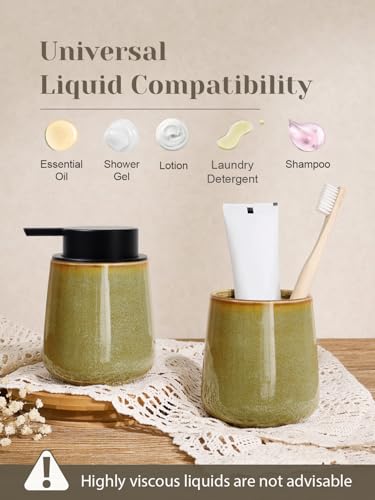 INGOFIN Ceramic Lotion Dispenser - 12 oz Refillable Hand Soap Dispenser Bathroom, Modern Liquid Soap Dispenser with Pump, Dish Dispenser for Kitchen,Kiln-Glazed Earthy Greenish-Brown - color: Kiln-glazed Greenish Brown-liquid