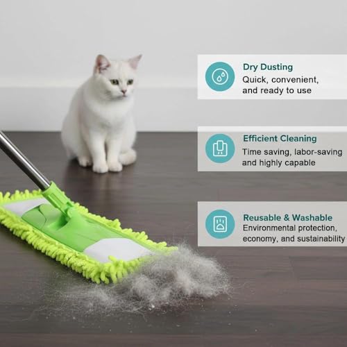 Dust Mop for Floor Cleaning with 2 Washable Chenille Pads and Extendable 58” Long Handle, Dry Wet Flat Mop with Scouring Pad for Hardwood, Laminate, Tile, Marble (Green) - color: Green