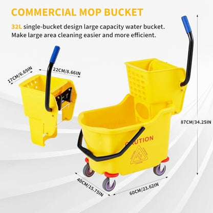Commercial Mop Bucket with Wheels and Side Press Wringer, 35 Quart Large Capacity Floor Cleaning System for Janitorial, Kitchen, Restaurant, Office & Industrial Use, Yellow