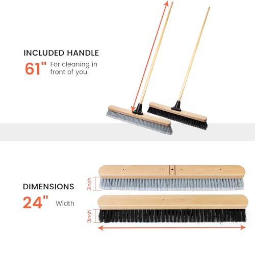 ALANNG 24” Push Brooms for Indoor and Outdoor, Heavy Duty Broom for Sweeping with 61” Wood Handle, Soft Bristle and Stiff Bristle Broom Set for Shop, Garage (2 Pieces)