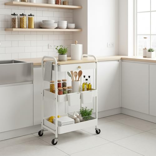 danpinera 3 Tier Rolling Cart with Wooden Table Top, White Rolling Utility Cart with Drawer & Locked Wheels, Easy Assembly for Nursery, Living Room, Studio - color: White, size: without pegboards