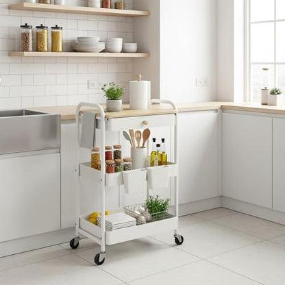 danpinera 3 Tier Rolling Cart with Wooden Table Top, White Rolling Utility Cart with Drawer & Locked Wheels, Easy Assembly for Nursery, Living Room, Studio - color: White, size: without pegboards