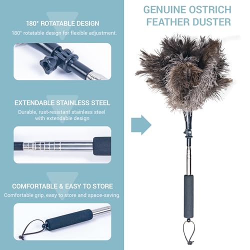 Feather Duster Extendable 22–47 Inch, Natural Ostrich Feather Duster with Long Handle for High Ceilings, Ceiling Fans, Walls，Furniture(Brown) - color: Brown