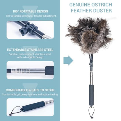Feather Duster Extendable 22–47 Inch, Natural Ostrich Feather Duster with Long Handle for High Ceilings, Ceiling Fans, Walls，Furniture(Brown) - color: Brown