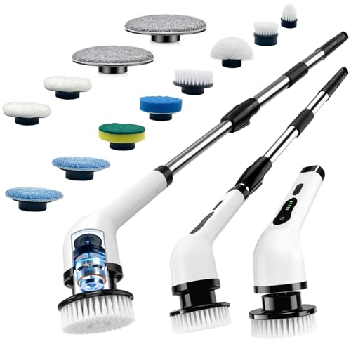 Electric Spin Scrubber, Cordless Cleaning Brush Scrubber with 12 Replaceable Brush Heads, 360 Power Scrubber Dual Speed with Adjustable & Detachable Handle for Bathroom Kitchen Car (White)