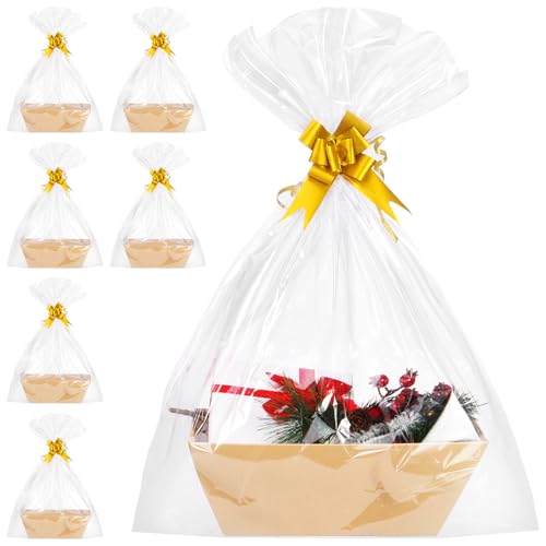AFOROEOA 6PACK Baskets For Gifts Empty, 10x12”Thick Kraft Gift Basket with 6Bows 6Bags Empty Gift Baskets for Christmas, Valentine’s Day, Easter, Birthdays, Valentine’s Day Wrapping Gift - color: 6PACK Kraft