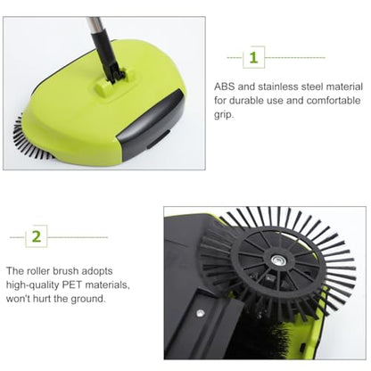 Manual Push Floor Sweeper Broom, Hand Push Sweeper with Enclosed Dustpan Bin, 3‑in‑1 360° Rotating Floor Cleaning Brush Mop Machine Adjustable Handle Vacuum‑Free for Tile Hardwood Carpet Green