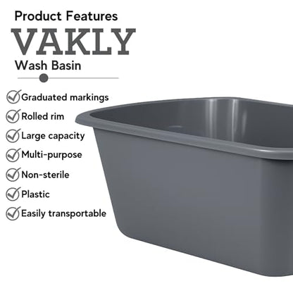 Vakly Wash Basins – Rectangular Plastic Hospital Bedside Soaking Tub (Pack of 2) Small 7 Qt Graduated Bucket - Portable Washbasin for Washing, Cleaning, Foot Bath, Dishes, Face Cleansing Bowl