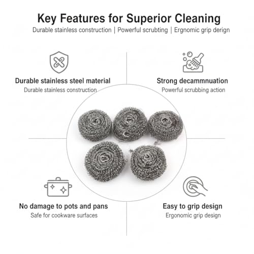 6-Pack Stainless Steel Scourers Heavy Duty Scrubber Pads 6cm x 2.5cm Metal Scouring Pads for Kitchen Cookware Grills Pans Oven Rust-Resistant Multipurpose Cleaning Pads for Tough Grease Burnt On Food