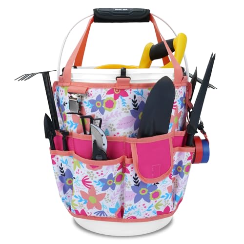 KUNN 5 Gallon Bucket Organizer 18-Pocket Bucket Tool Bag with Hangable Handle, Heavy-Duty Garden Tool Organizer Bag for Gardening Tools, Fits 3.5-5 Gal Buckets, Includes Comfort Grip Pad, Red - style: White Blossom