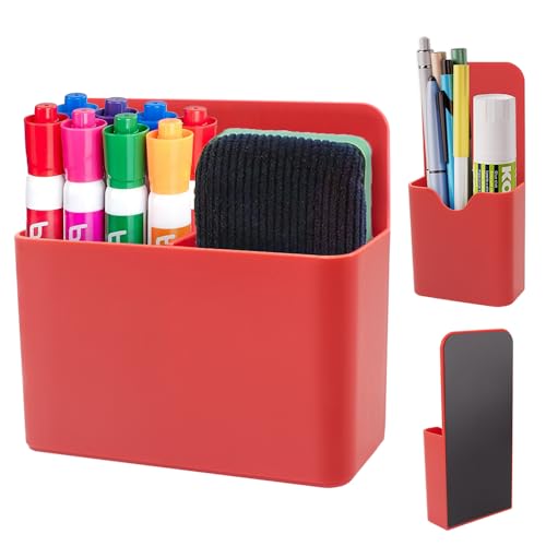 KITANIS Magnetic Pen Holder,2 Pack Magnetic Dry Erase Marker Holder with Generous Compartments,Strong Magnet Storage Marker Pen Pencil Organizer for Refrigerator,Whiteboard,Locker Accessories - color: Red