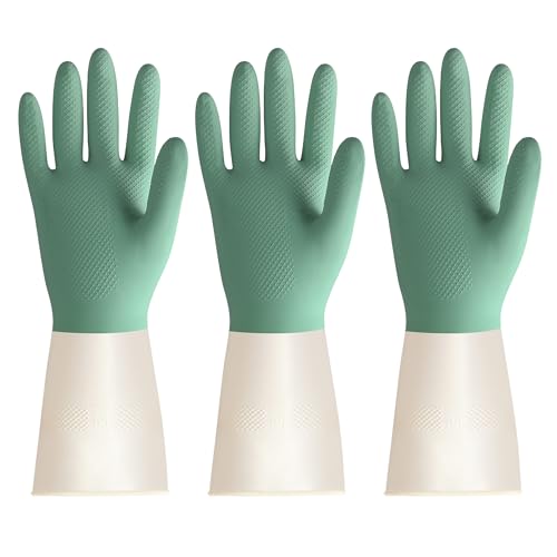 BOOMJOY Latex Cleaning Gloves, Heavy Duty Dishwashing Gloves, Reusable Medium Gloves for Kitchen, Bathroom, Gardening, Working, Pet Care - Green-Beige, 3 Pairs, Size M - color: Green+beige, size: Medium (3 Pairs)