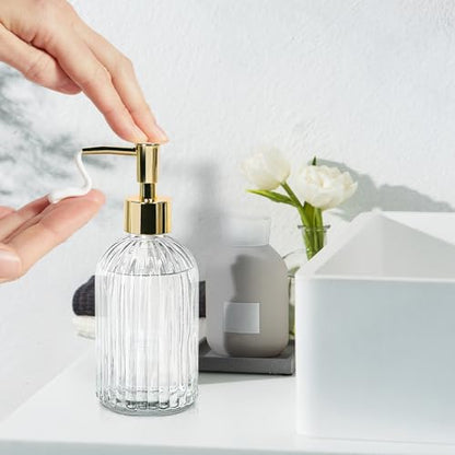 14Oz Gold Pump Glass Soap Dispenser, Clear Stripe Countertop Refillable Liquid Bottle Hand Dish Lotion Dispenser with Plastic Pump, for Kitchen, Bathroom - color: Clear