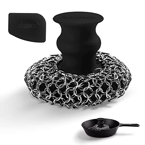 Cuisinel Cast Iron Chainmail Scrubber + Pan Scraper - Deluxe Ergonomic Stainless and Silicone Cleaner for Pots and Skillets - Food-Safe Design - Easy to Clean Dishwasher Safe Cookware Sponge Accessory - color: Black, size: Deluxe