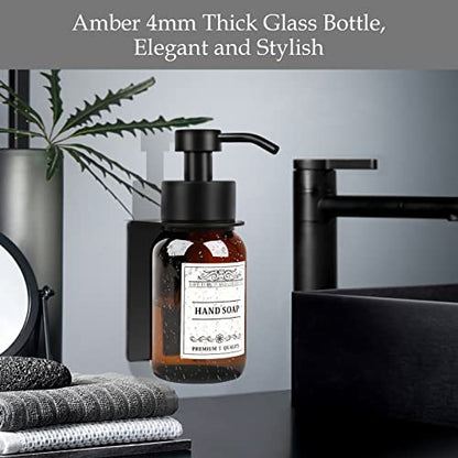 8.5oz Brown Glass Soap Dispenser 2 Pack for Kitchen Bathroom Black | Leakproof conditioner and hand soap pump set with waterproof DIY labels; rustproof holder saves countertop space. - color: Amber Set of 2