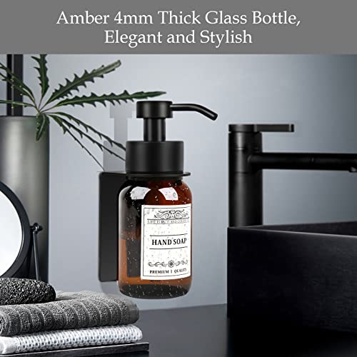 Glass Soap Dispenser with Pump and Wall Mount Holder,8.5 Oz Shampoo and Conditioner Dispenser with Waterproof Labels(Brown) | 2 mounting options: screws and no-drill glue included; leakproof pump with waterproof conditioner labels. - color: Amber Set of 1