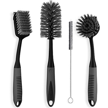 Dish Brush Set of 4 - Kitchen Scrub Brushes with Non-Slip Long Handle for Cleaning, Scrubber, Dishwashing, Dishes, Bottles, Straws, Cups, Pots & Sink, Black - color: Black, Set of 4
