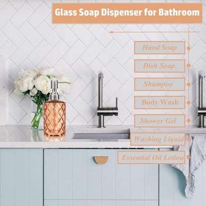 12Oz Amber Glass Soap Dispenser with Stainless Steel Pump, Refillable Kitchen Liquid Hand Soap Dispenser with Diamond Design, for Dispense Hand soap, Dish Soap, Lotion, Bathroom, Countertop, Hotel - color: Amber Diamond