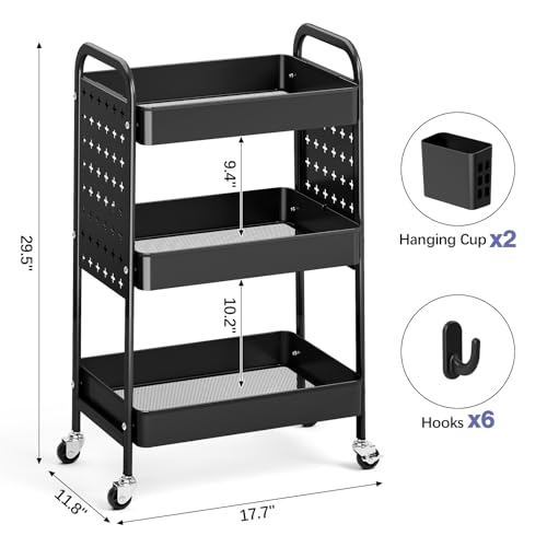 KINGRACK 3 Tier Rolling Cart with DIY Pegboard, Metal Utility Cart with Wheels, Hooks & Baskets, Sturdy Storage Organizer for Craft, Bathroom, Kitchen, Office, Nursery, Classroom - color: Black