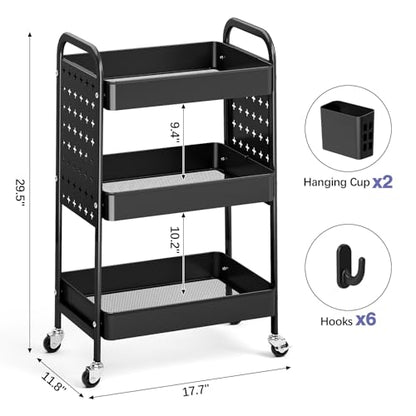 KINGRACK 3 Tier Rolling Cart with DIY Pegboard, Metal Utility Cart with Wheels, Hooks & Baskets, Sturdy Storage Organizer for Craft, Bathroom, Kitchen, Office, Nursery, Classroom - color: Black