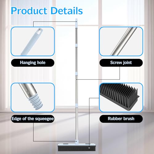 Rubber Broom Carpet Rake for Pet Hair Removal, Dog Hair Broom with 59" Adjustable Handle, Push Broom with Squeegee for Carpet, Hardwood Floor, Tile, Includes 1 Pet Hair Brush