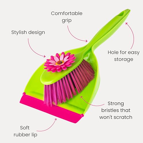 Vigar Flower Power Dust Pan and Brush Set - Mini Broom and Dustpan Set, Handheld Broom and Dustpan Set With Whisk Broom, Small Dustpan and Brush Set, Compact Indoor Sweeper for Countertop - Pink Green - color: Flower Power