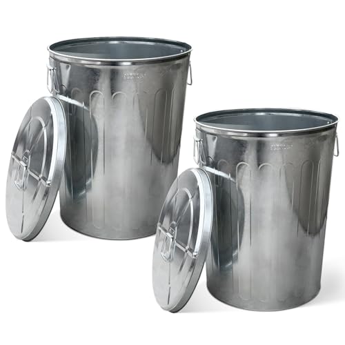 Plexon 20 Gallon Metal Trash Can with Lid Outdoor Large Trash Bin Galvanized Steel Garbage Can for Farm Garage Patio Ash Bucket Bird Seed Storage Can Heavy Duty Round Container, 2 Pack