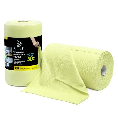 LIVOS Microfiber Cleaning Cloth Roll - 80 Pack, Reusable Paper Towels Tear Away Towels, Microfiber Towels for Cars, Super Absorbent Lint Free Cleaning Rags for House, Kitchen-Beige Yellow,11.5"x11.5" - color: Beige Yellow