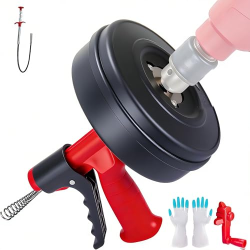 Drain Snake Hair Drain Clog Remover,Drill Attachment Toilet Snake for Bathroom Kitchen Tub Shower Drain Clog Remover with Gloves Hair Clog Remover with Drill Adapter（25ft/7.5M-Black） | Bathroom and Shower Sink Duty Pipe Drain Clog Remover for Bathtub Drai