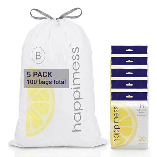 happimess 5.3 Gallon (20L) Drawstring Trash Bags, Lemon Scent, White, Heavy Duty MDPE Liners for Kitchen and Household, Odor Control, Custom Fit 100 Count (5 Packs of 20 Liners) HPM3100B-W-5SET - color: White (Lemon Scented), size: 100 Count (Pack of 1)