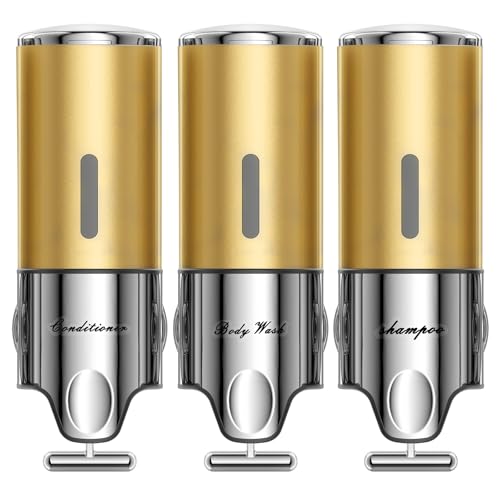Shampoo and Conditioner Dispenser,Dispensers for The Shower,Shower Soap Dispenser 3 Chamber No Drill,Shampoo Conditioner Body Wash Dispenser Wall Mount for Bathroom(Triple x 17.6 oz,Golden) - color: Golden