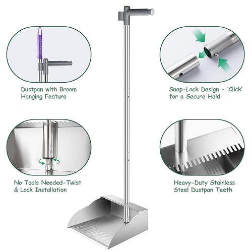 Metal Dust Pans with Long Handle,Heavy Duty Dust Pan with Handle,Upright Stand Up Dustpan with Dust Pan Teeth to Clean Hair for Home Kitchen Office Lobby Floor Garden - size: 36 inches