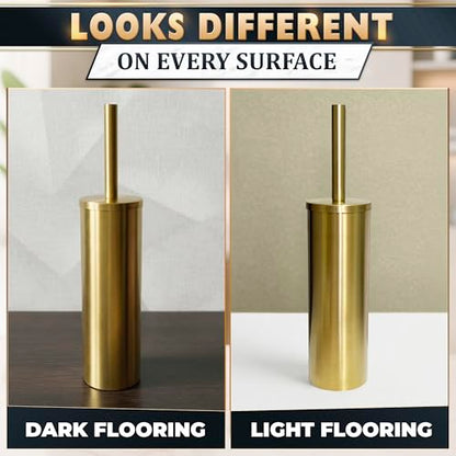 Gold Toilet Brush and Holder Set - Stainless Steel Gold Toilet Bowl Brush and Holder with Replaceable Head, Removable Inner Bowl, and Splash Guard - Dense Bristles for Thorough Cleaning - color: Gold